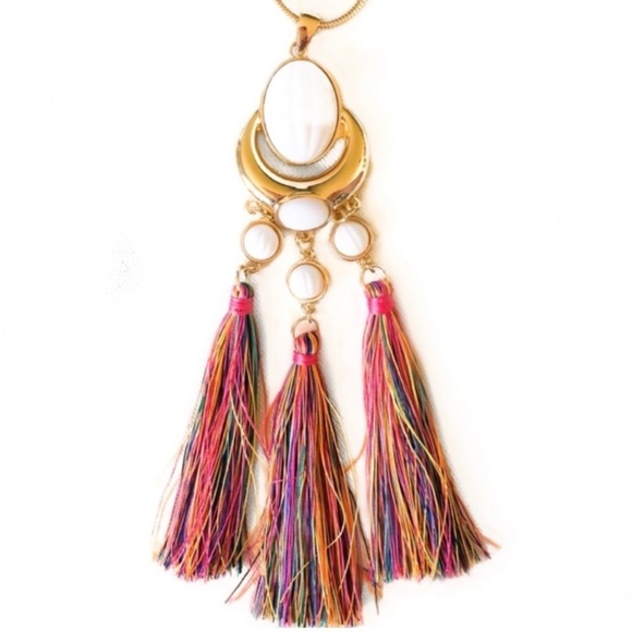 INC Trina Turk Multi Color Fringe Tassel Pendant Necklace Goldtone Chain NWT - Picture 1 of 14